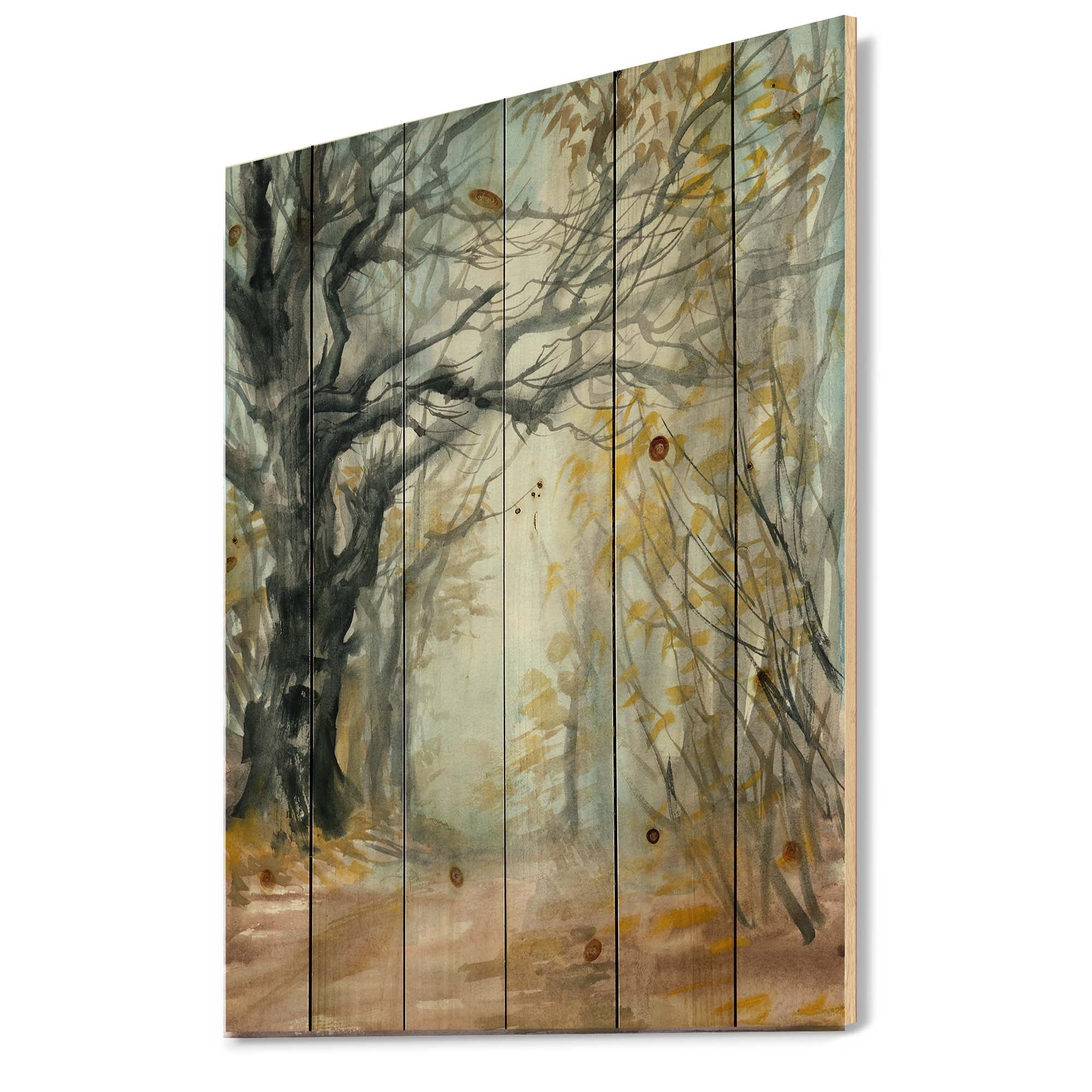 Designart 'Autumn in Misty Forest' Lake House Print on Natural Pine Wood