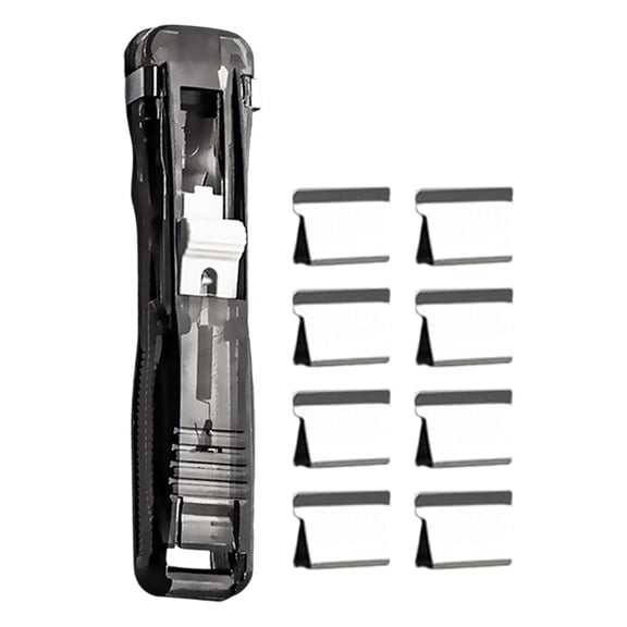Portable Binder Clip Stapler, Includes 8 Reusable Clips, Handheld Paper Clam Clip Dispenser Large Size, Mini Push Stapler Clamp Staplers for Desktop Document Home Desk Office Black