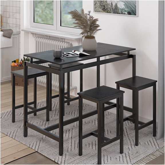 JERFIT 5-Piece Counter Height Dining Set with Table and 4 Stools, Industrial Style Kitchen Breakfast Nook Set for Small Space, Black