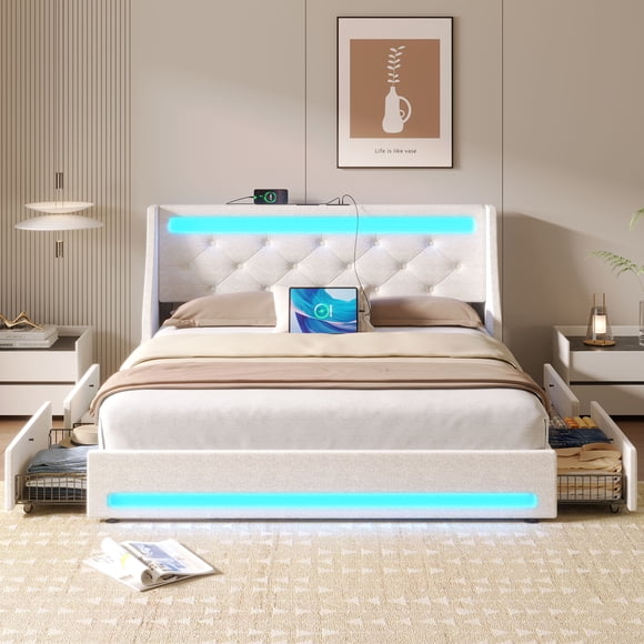 Greenstell Smart Charging Storage Bed Frame - 900lbs Capacity Noise-Free, Full, Off White