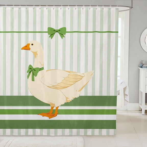 Green Striped Duck Shower Curtain with Bow 71x71 inches