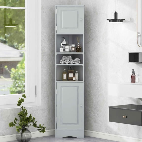 MAYEERTY Multi-Functional Corner Bathroom Cabinet 2 Doors Adjustable Shelves Open Shelf Gray