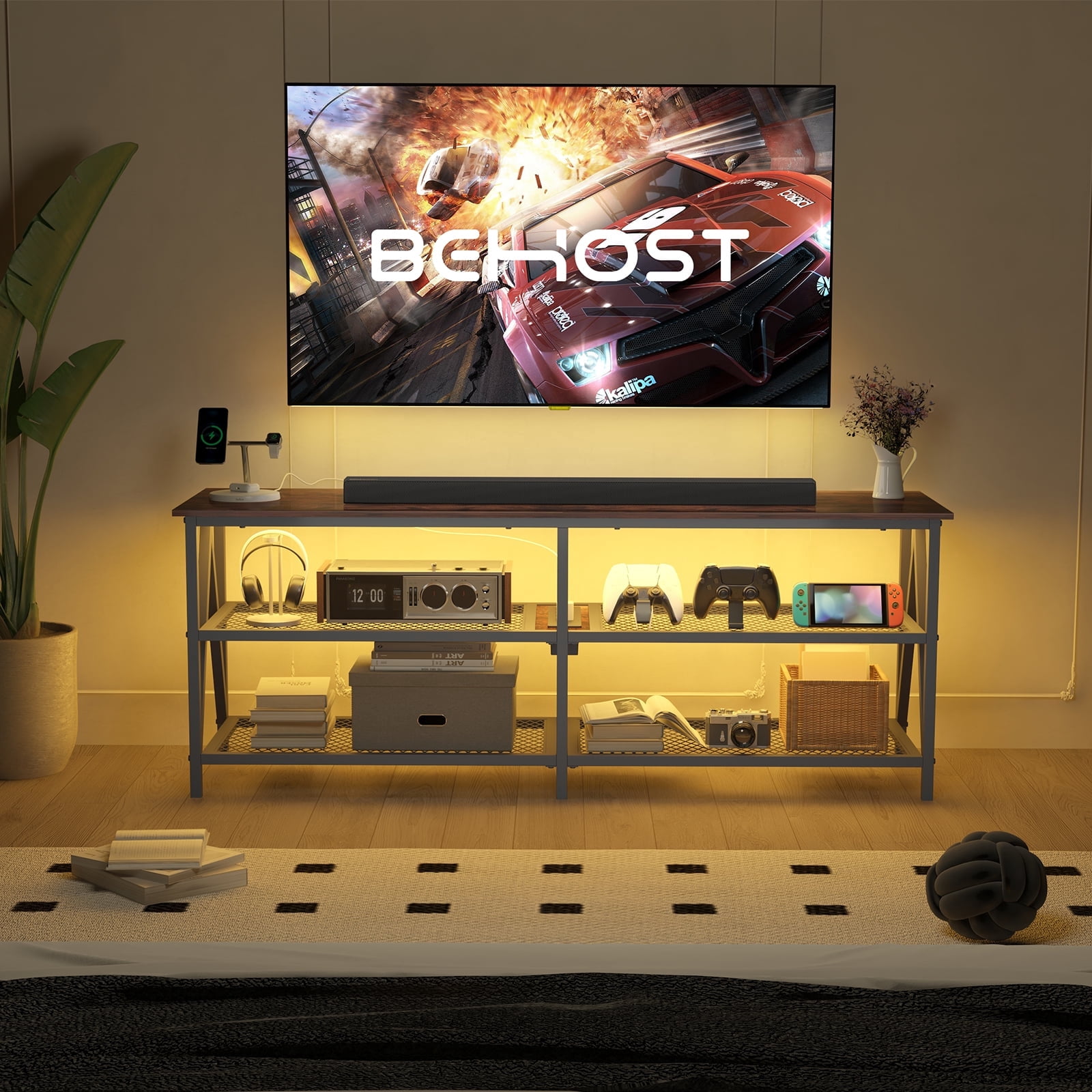 Behost TV Stand for 65 inch TV, TV Cabinet with 20 Colors LED Lights for Living Room, Brown
