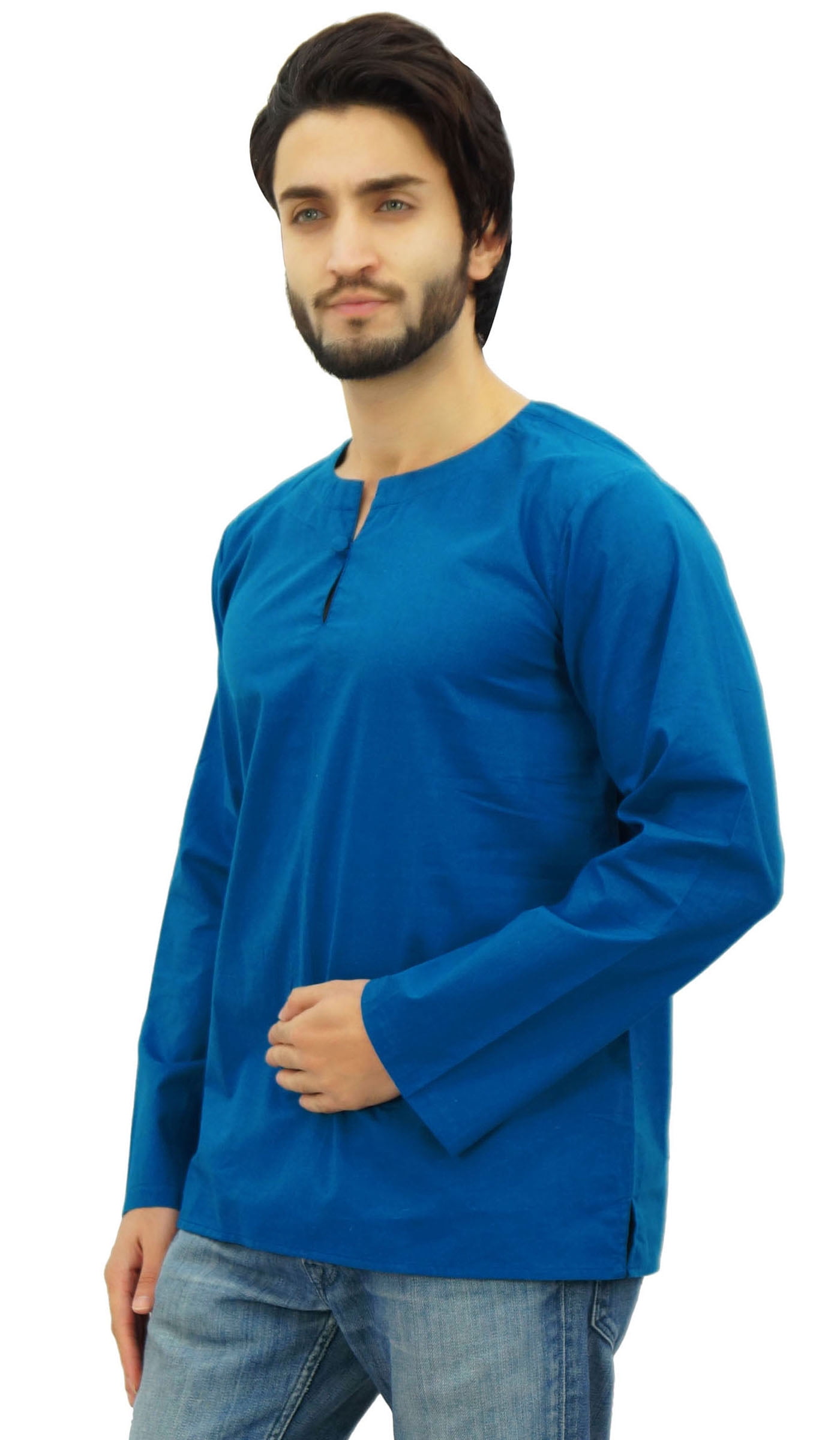 Atasi Men's Sky Blue Short Kurta Round Keyhole Neck Cotton Shirt 