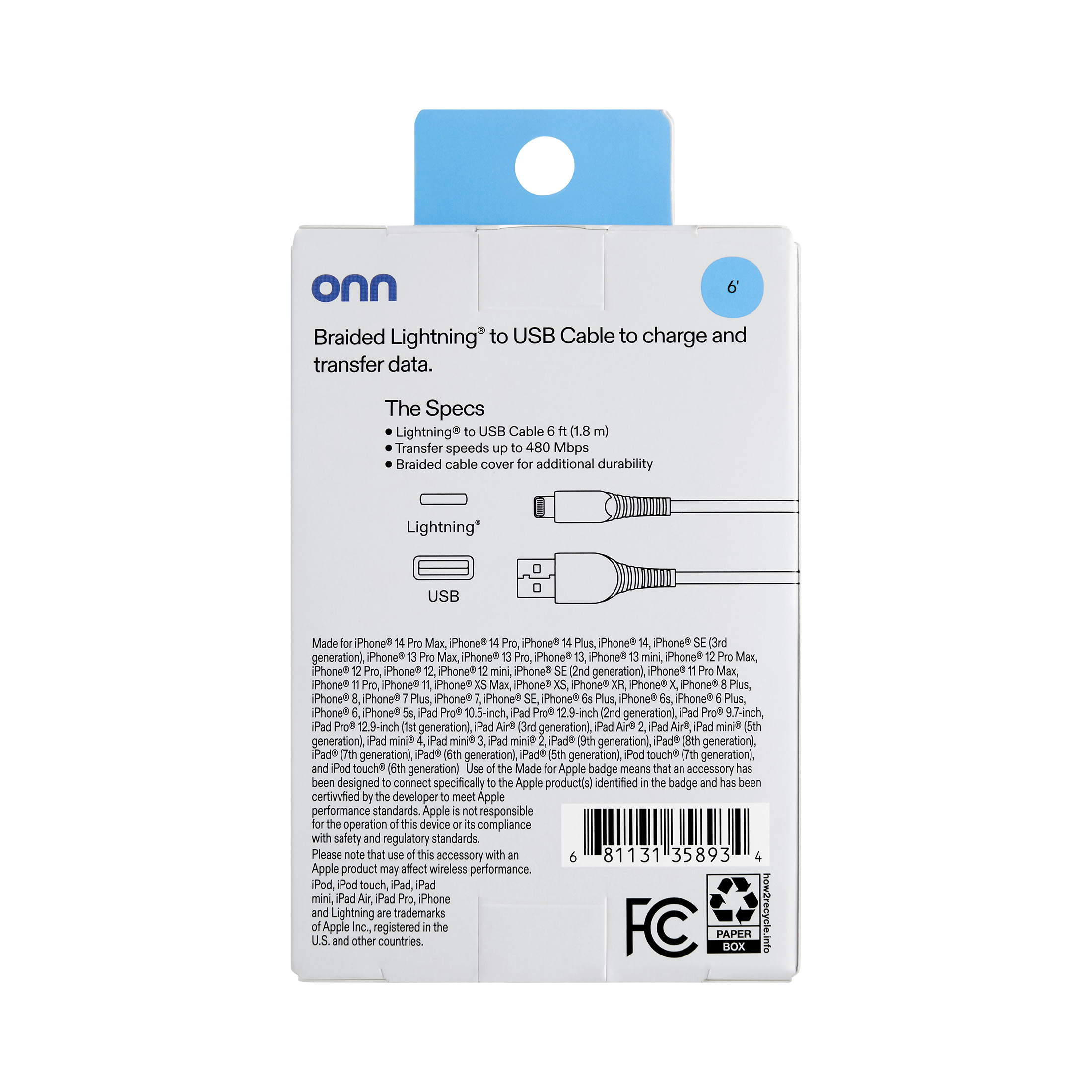 onn 6ft Lightning to USB-A Braided Cable, White photo 4