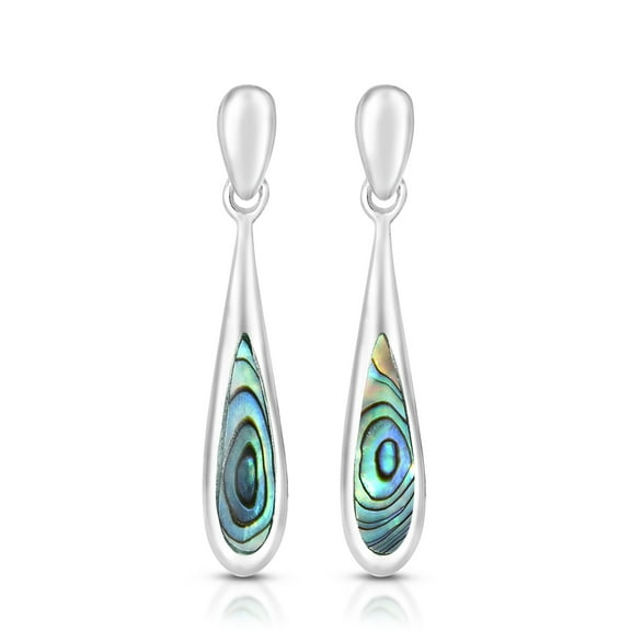 Elegantly Long Teardrop with Inlaid Abalone Shell .925 Sterling Silver Post Drop Dangle Earrings