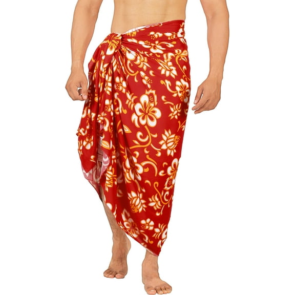 LA LEELA Men's Swimwear Beach Summer Pareo Long Sarong Wrap One Size Ruby, Hibiscus Vacation Holiday Aloha