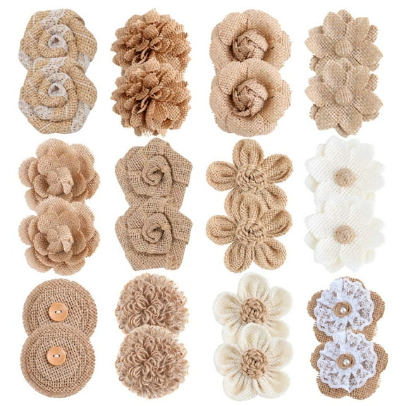 24PCS Burlap Flowers for Crafts 12Styles Natural Handmade Rustic Rose Flower for Burlap Decoration DIY Craft Bouquets Home Wedding Christmas Party Decoration