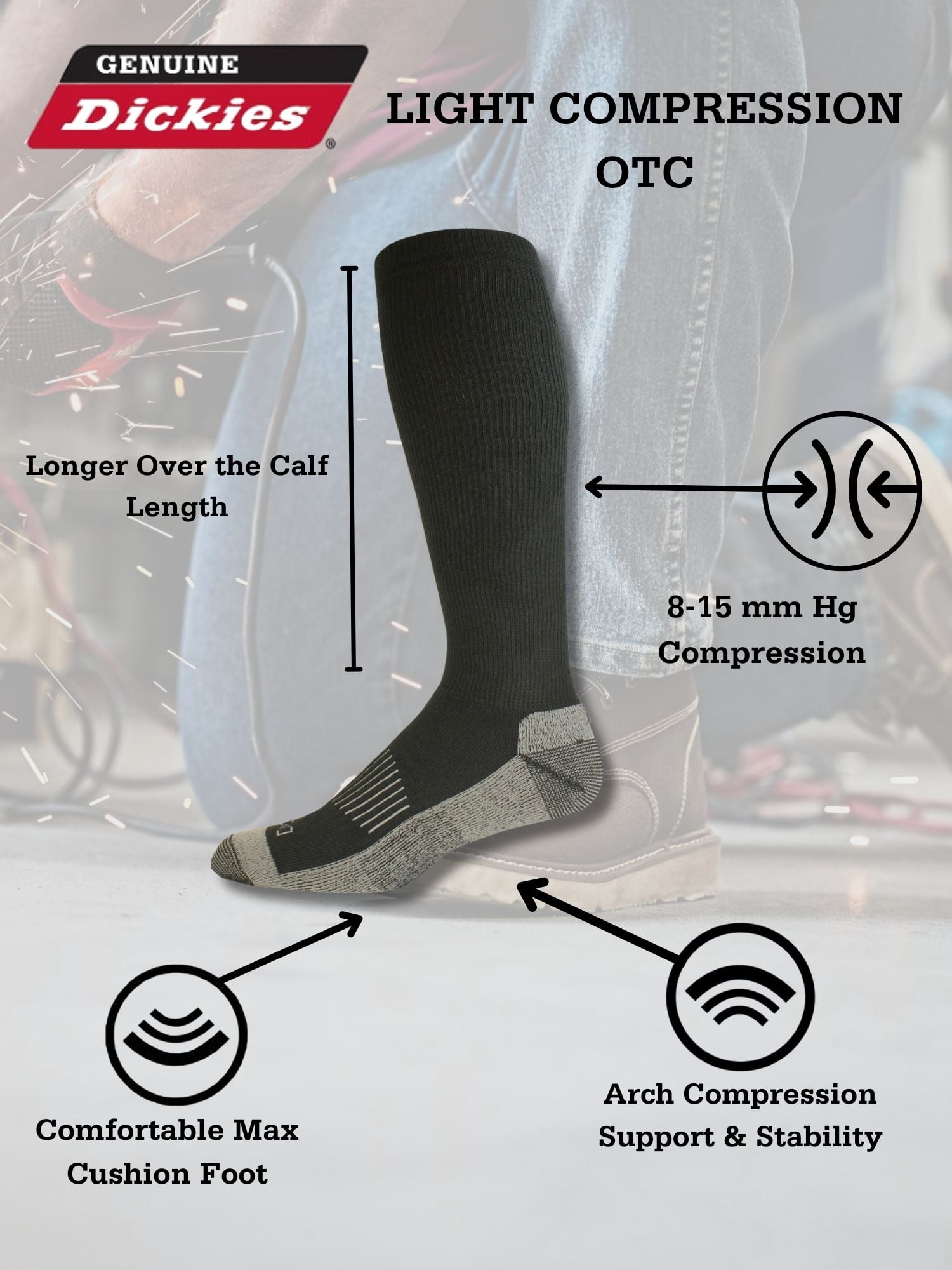 Genuine Dickies Men's OTC Compression Crew Sock, 2 Pack