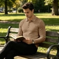 thumbnail image 7 of Satingcolo Men's Long Sleeve Polo Shirt Ribbed Knit Casua Button Down Collar Solid Color Workout Smart Casual Tops,Khaki 3XL, 7 of 7