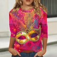 thumbnail image 2 of Hogleaql Mardi Gras Shirts for Women 3/4 Sleeve Crew Neck Loose Fit Tops Carnival Mask Graphic Pullover Dressy Relaxed Fit Shirt Oversized Blouse Hot Pink L, 2 of 6