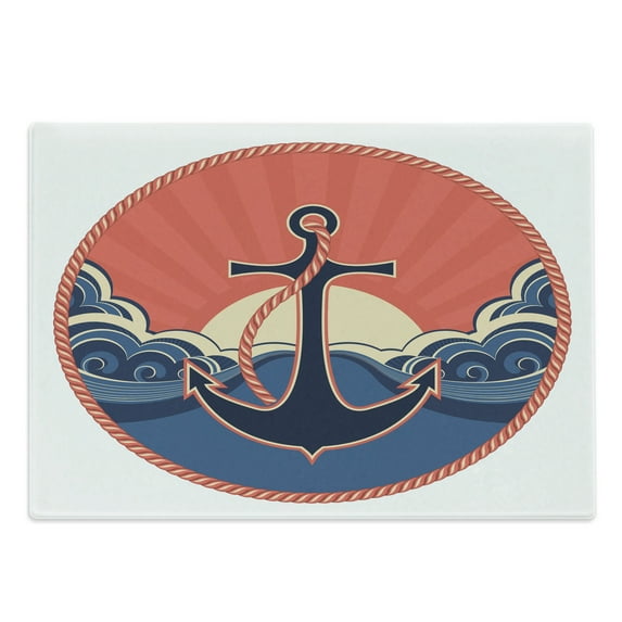 Anchor Cutting Board, Navy Emblem with Rope and Sea Waves at Sunset Anchor Retro Aquatic Life, Decorative Tempered Glass Cutting and Serving Board, Large Size, Red Blue Yellow, by Ambesonne