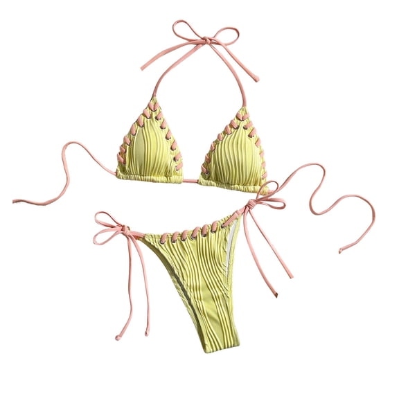 Staron Women's Bikini Set Solid Color Strappy Two-Piece Swimsuit High Cut Beach Vacation Poolside Bathing Suit, Yellow S