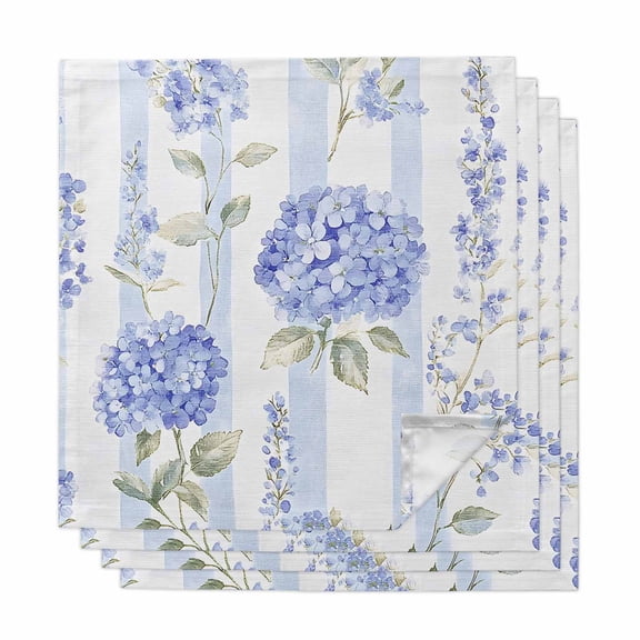 Purple Hydrangea Cloth Napkins, Stripe Vintage Floral Washable and Reusable Dinner Napkins Set of 4, Table Napkin for Kitchen Party Birthday Wedding Hotel Housewarming 20"x20"