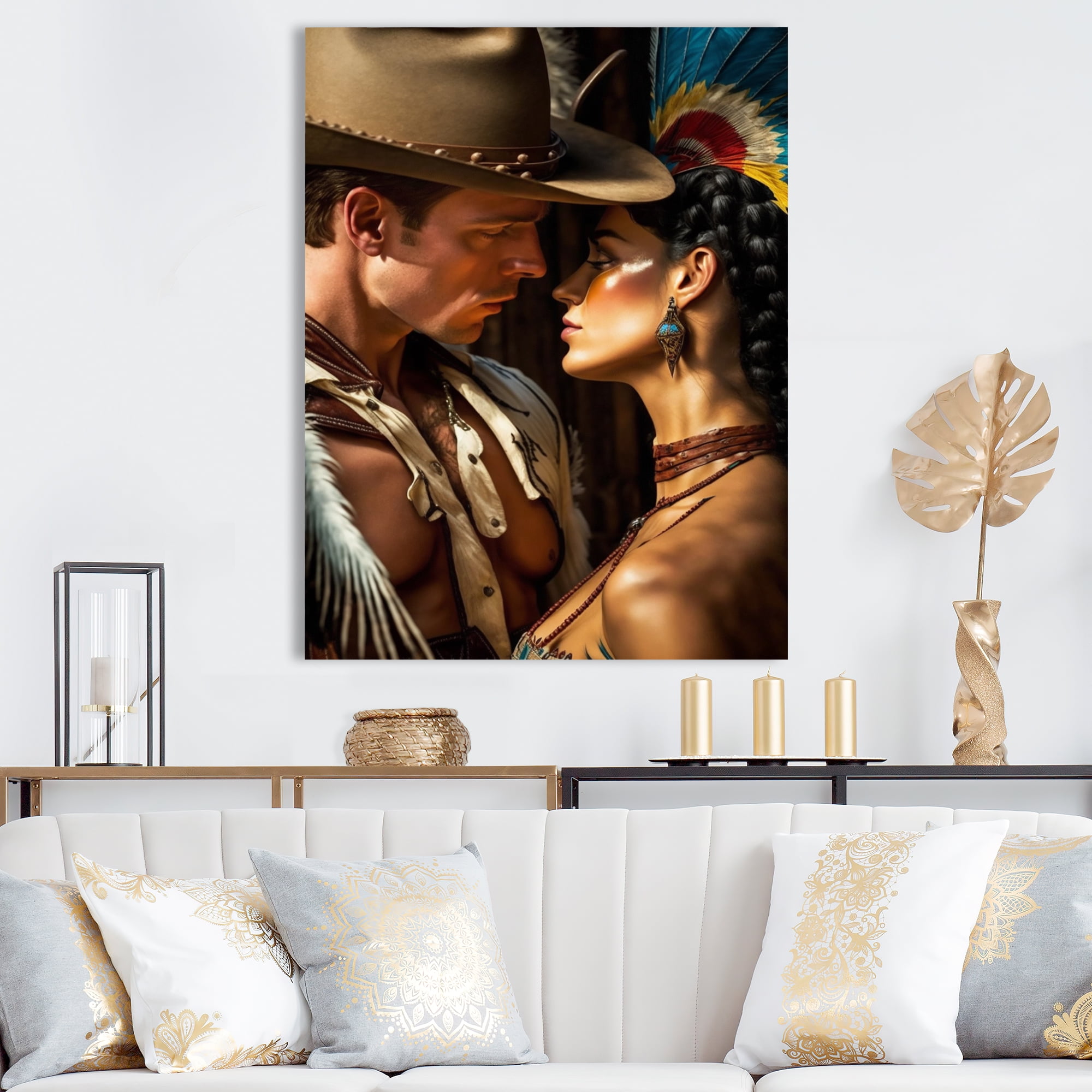 Designart Cowboy And An Indian Woman In Love III Canvas Wall Art
