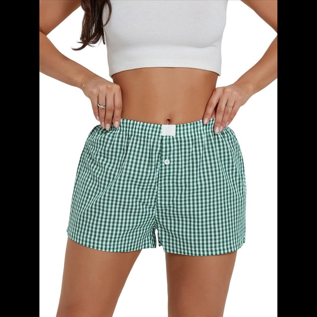 Pantalones Cortos de Pijama A Cuadros Y2K para Mujer, Bóxers Elásticos, Ropa de Calle Verde XL