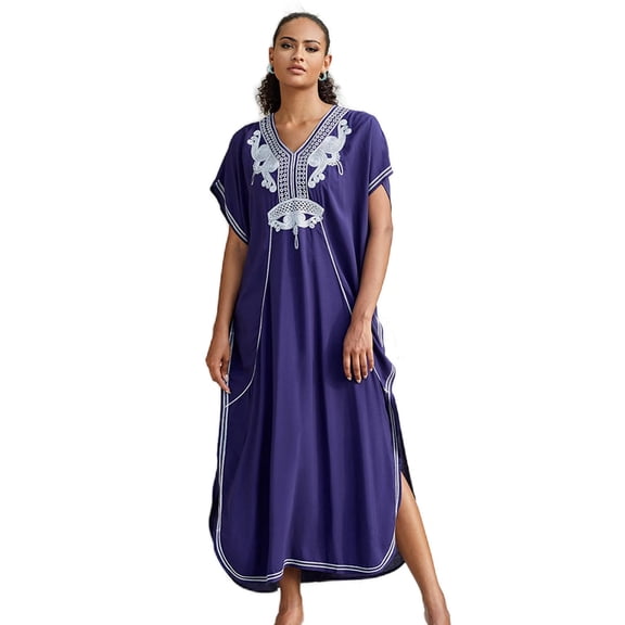 Edolynsa Embroidered Blue Kaftan Swimwear Cover Up for Women Plus Size Vintage Beach Dress Side Split Loungewear