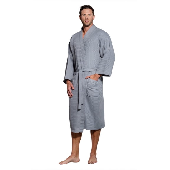 Turquaz Linen Lightweight Long Waffle Kimono Spa Robe for Men (Small/Medium, Gray)
