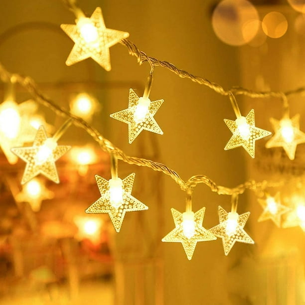 Guirnalda de luces de estrellas a pilas, 12 metros, 80 LED, ideal para el hogar, fiestas, Navidad, bodas y decoración de jardín, blanco cálido.