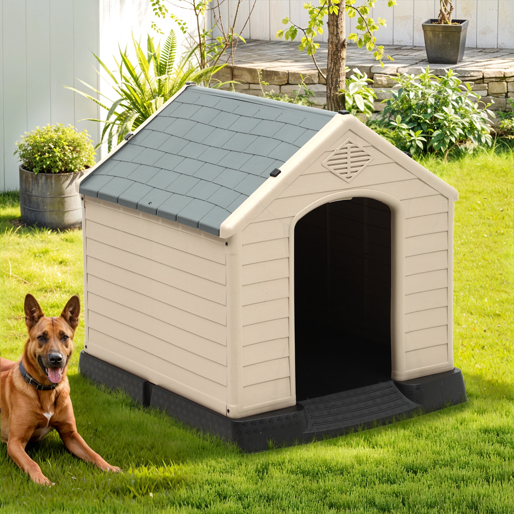 Uforic Large Waterproof Plastic Dog House with Air Vents and Elevated Floor, Outdoor Indoor Doghouse Puppy Shelter,Gray+Brown,41''Lx 38''Wx 39''H