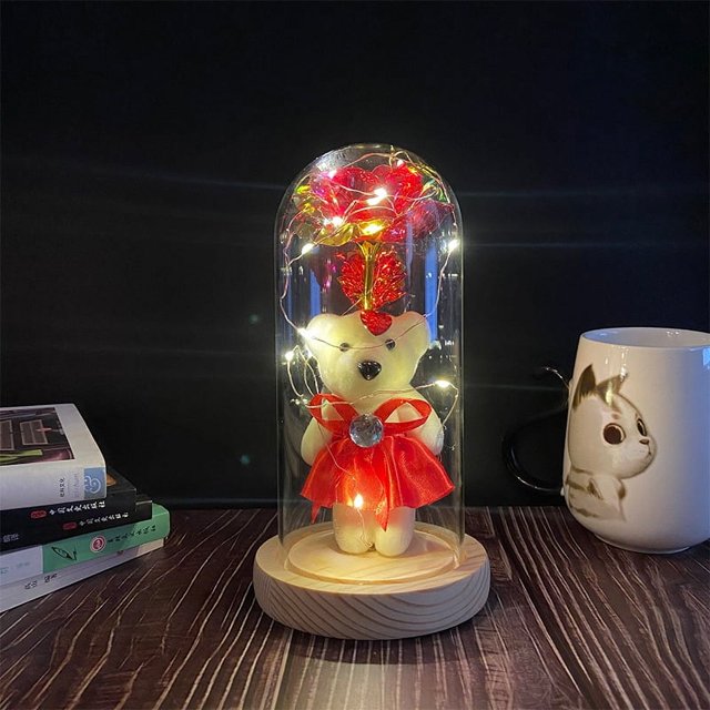 Cubierta de vidrio Simulación de flor de lámina de oro Rosa Luz LED Flor eterna Regalo del día de San Valentín Día de la madre Adornos creativos