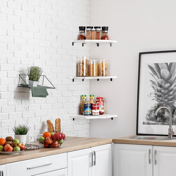 3-Pack Gray-White Corner Wall Shelves - Irregular-Shaped Floating Shelves for Kitchen, Bathroom & Bedroom Organization