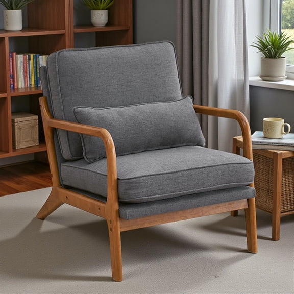 Tcbosik Mid-Century Modern Armchair w/ Waist Pillow, Accent Single Lounge Chair with Linen Upholstery and Solid Wood Frame, for Living Room, Study & Balcony, Easy Assembly, Dark Gray
