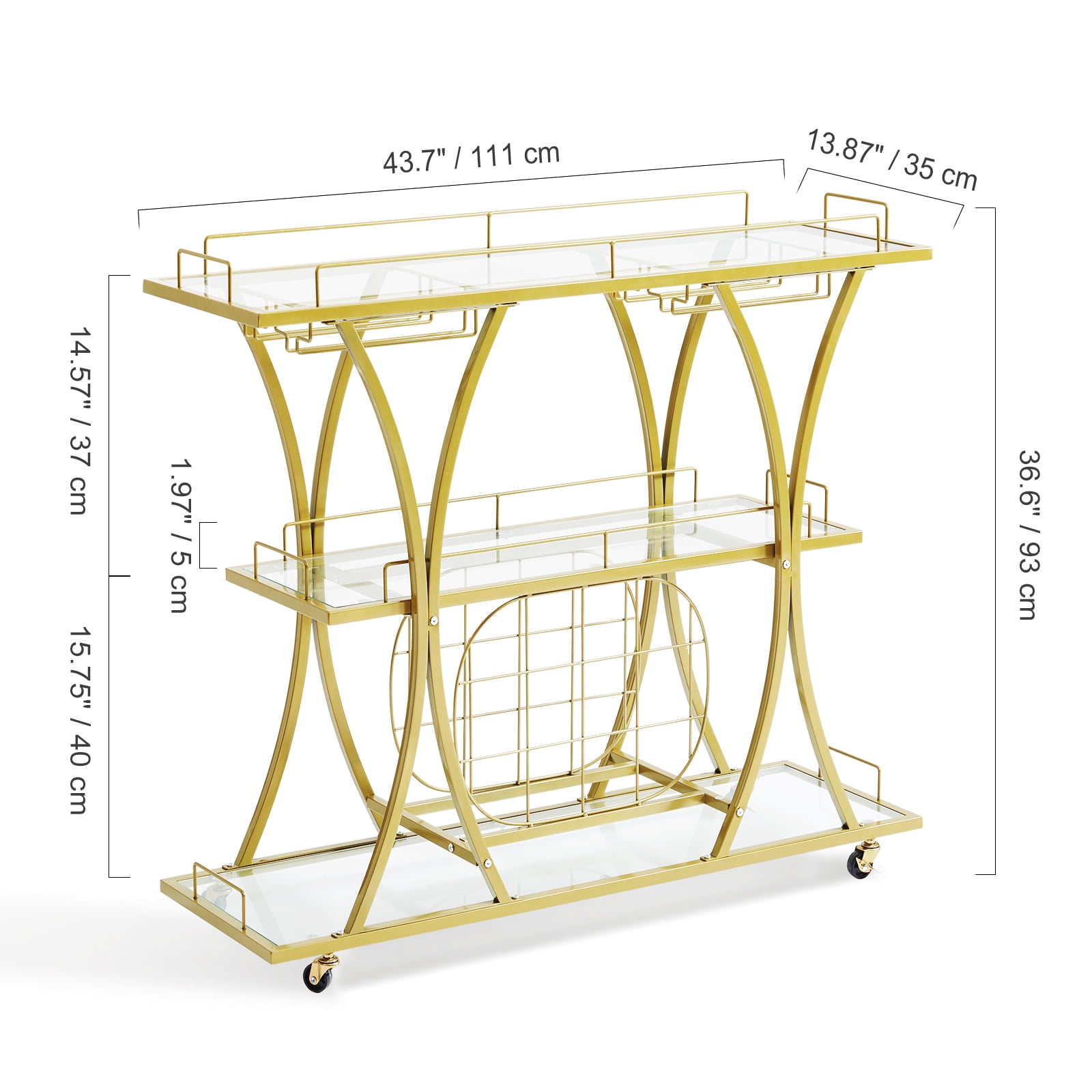 VEVOR Gold Bar Cart, 3 Tiers Home Bar Serving Cart with Lockable Wheels and Wine Rack Glass Holder, Rolling Wine Cart, Modern Wine Cart for Home Kitchen Dining and Living Room, 180 lbs
