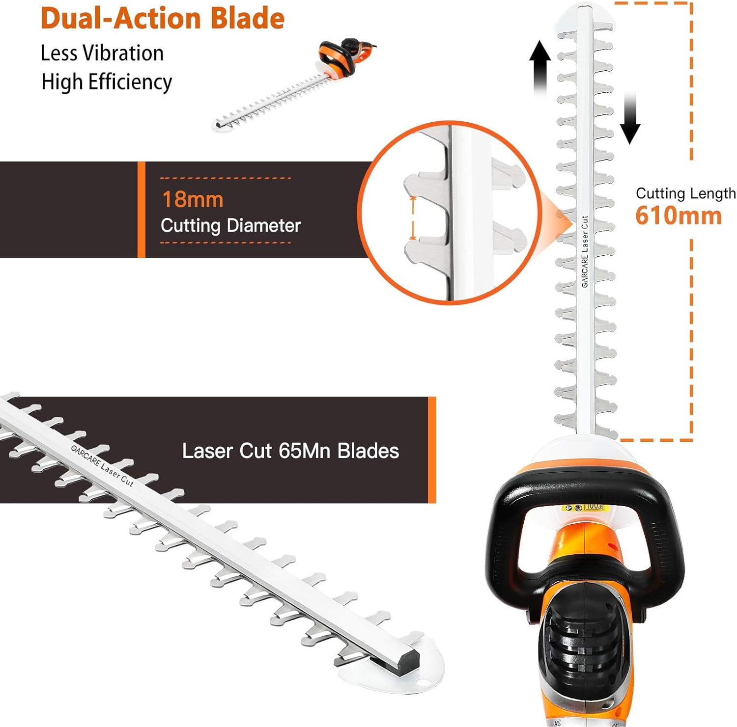 GARCARE Electric Hedge Trimmer Corded Branch Cutter Hedge Shears 4.8A 610mm Laser Cutting Blade 18mm Cutting Capacity Rotary Handle
