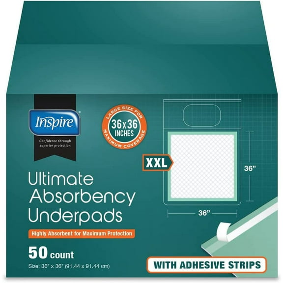 Super and Ultra Absorbent Disposable Bed Pads, 36" X 36", Pack of 50 with Adhesive, XXL