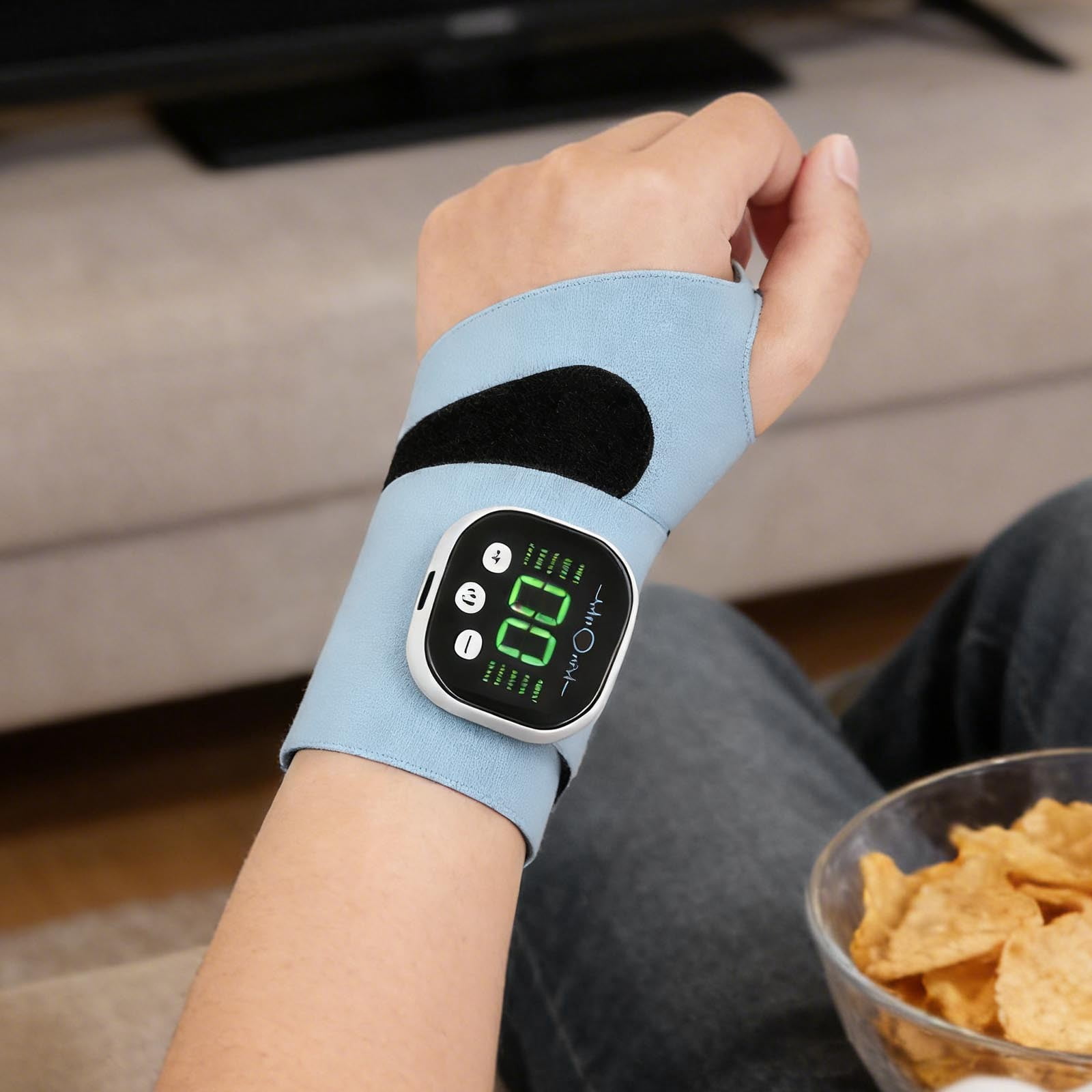 Rechargeable Adjustable Electric Wrist Massager, Cordless Wrist Heating Pad with Heat, 8 Massage Modes 30 Intensity Levels, Wearable Hand Heating Brace for Daily & Sports Use