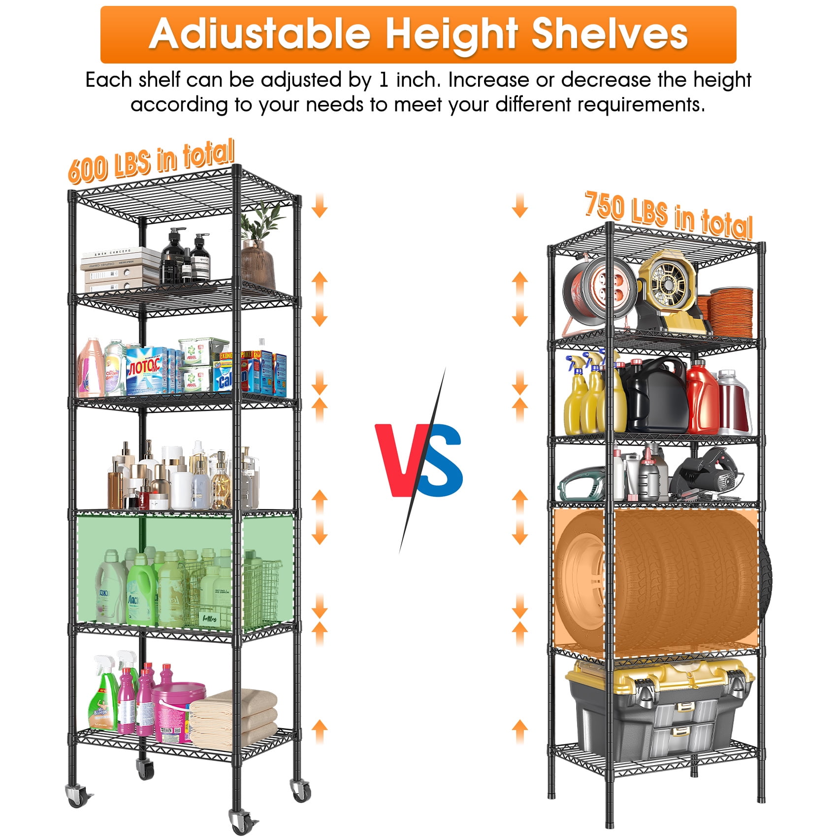 6-Tier Adjustable Wire Shelving Unit on Wheels, 750lbs Capacity - Powder-Coated Carbon Steel Heavy Duty Metal Shelves, Rolling Storage Shelves for Garage, Closet & Kitchen 24"W x 14"D