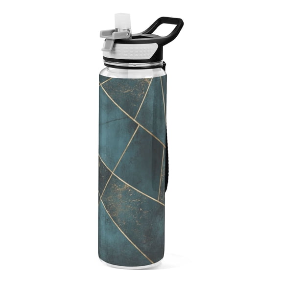 Qxltty Blue Gold Foil Pattern Water Bottle 32 oz with Straw BPA Free Reusable Fitness Sport Bottle Perfect for Travel School Outdoors and Gym