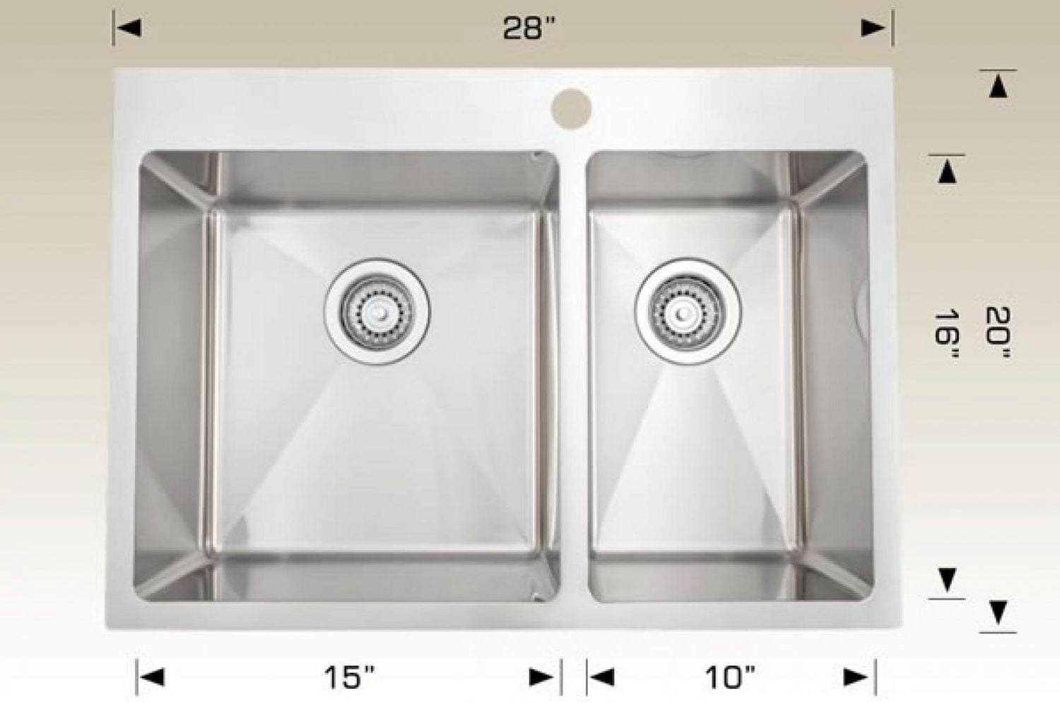 American Imaginations 28 pouces. Évier de cuisine en acier inoxydable approuvé par W CSA avec 2 cuves et calibre 18
