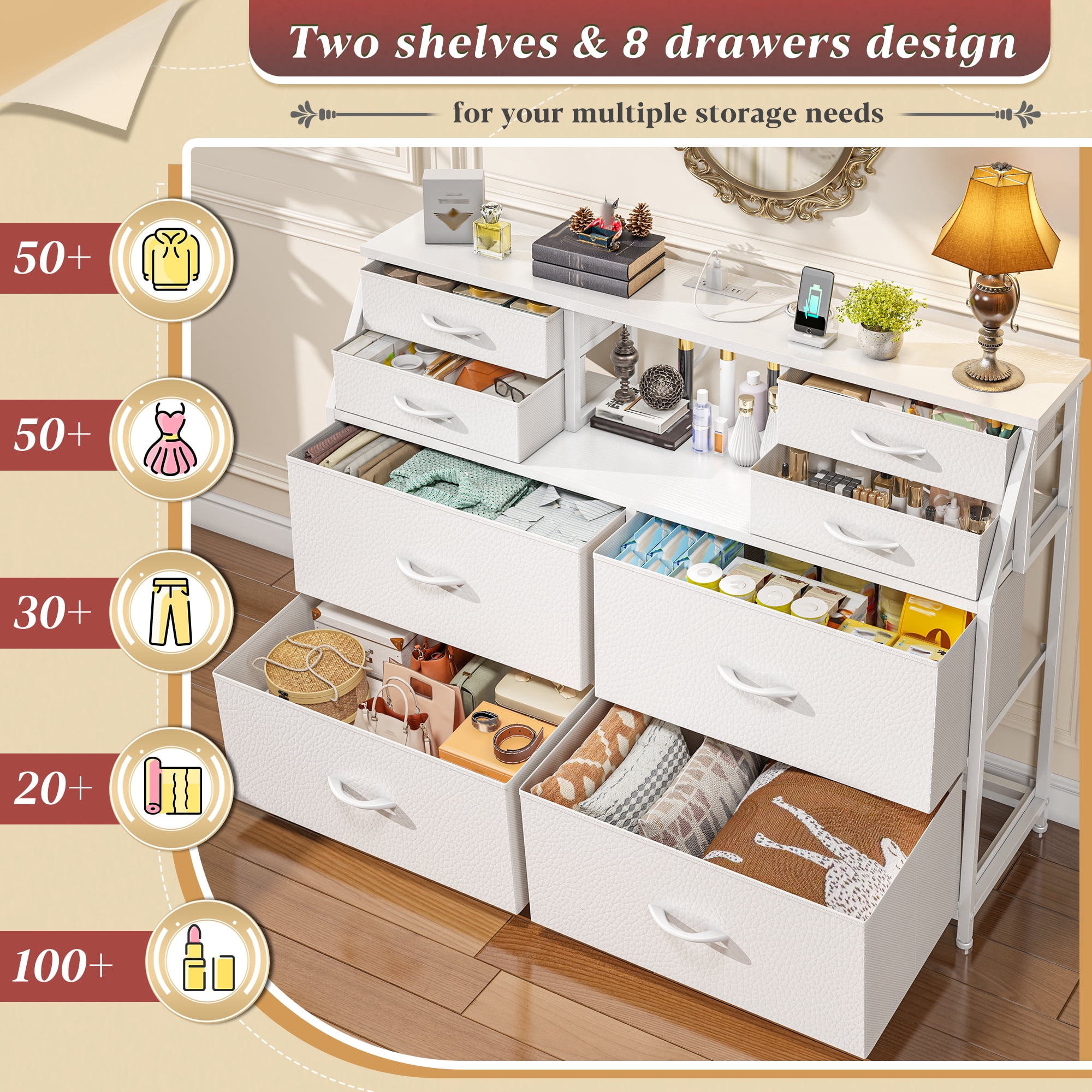 Romorgniz Dresser for Bedroom with 8 Fabric Drawers White Dresser with LED Lights & Charging Station & Open Shelf for Living Room and Entryway