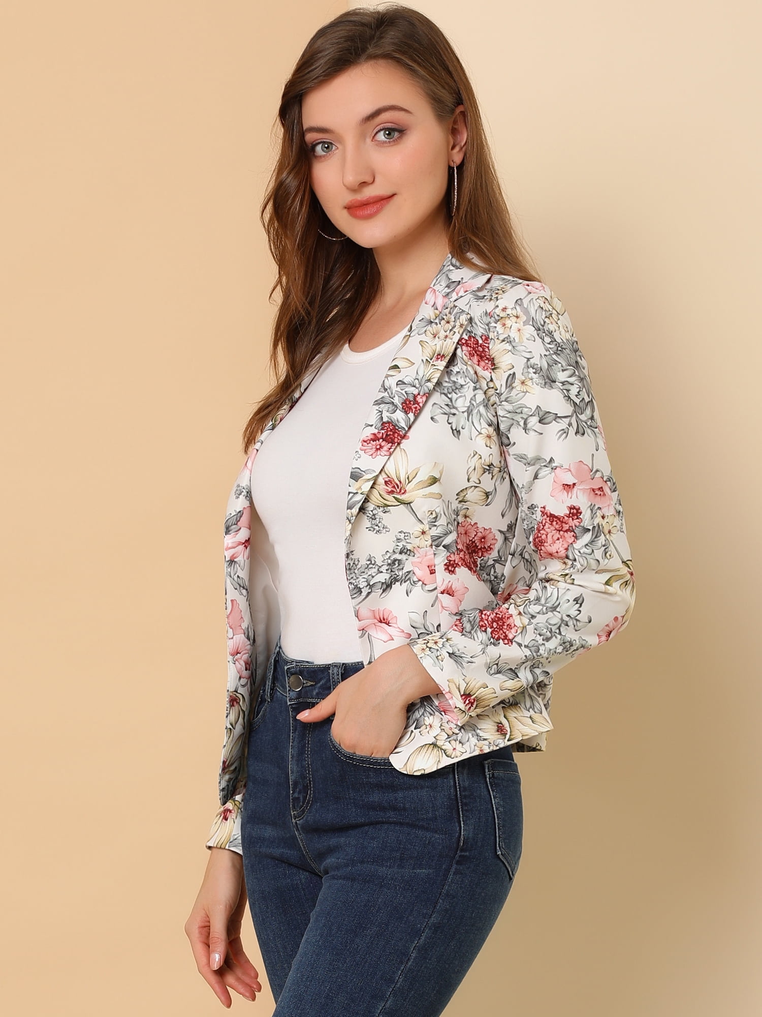 DARING DIVA Women's Elegant Notched Lapel Floral Print Blazer 3XL Beige-Floral