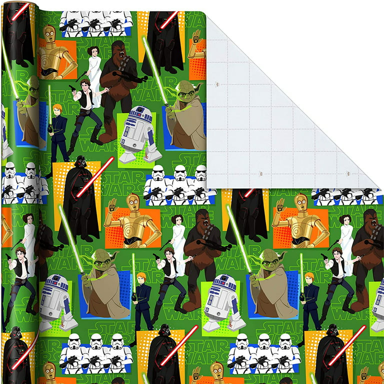 Hallmark Star Wars Wrapping Paper with Cut Lines on Reverse (3-Pack: 60 Sq.  ft. Ttl) with Yoda, Darth Vader, Chewbacca, R2-D2, C-3PO, Stormtroopers