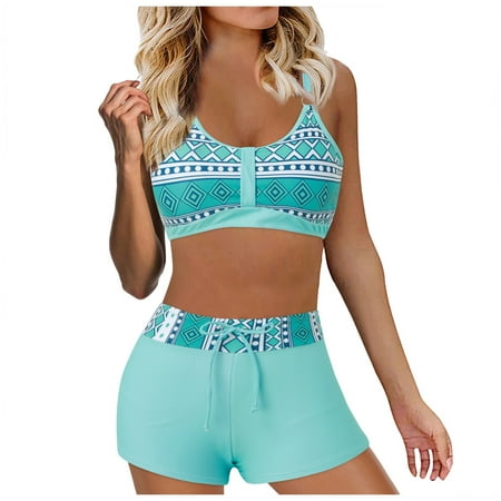 Mnyotv Womens Bikini Swimsuits Women High Waisted Bikini Sexy Push Up Two Piece Swimsuits Vintage Swimsuit Two Piece Retro Ruched High Waist Print Bikini Set Light Blue L
