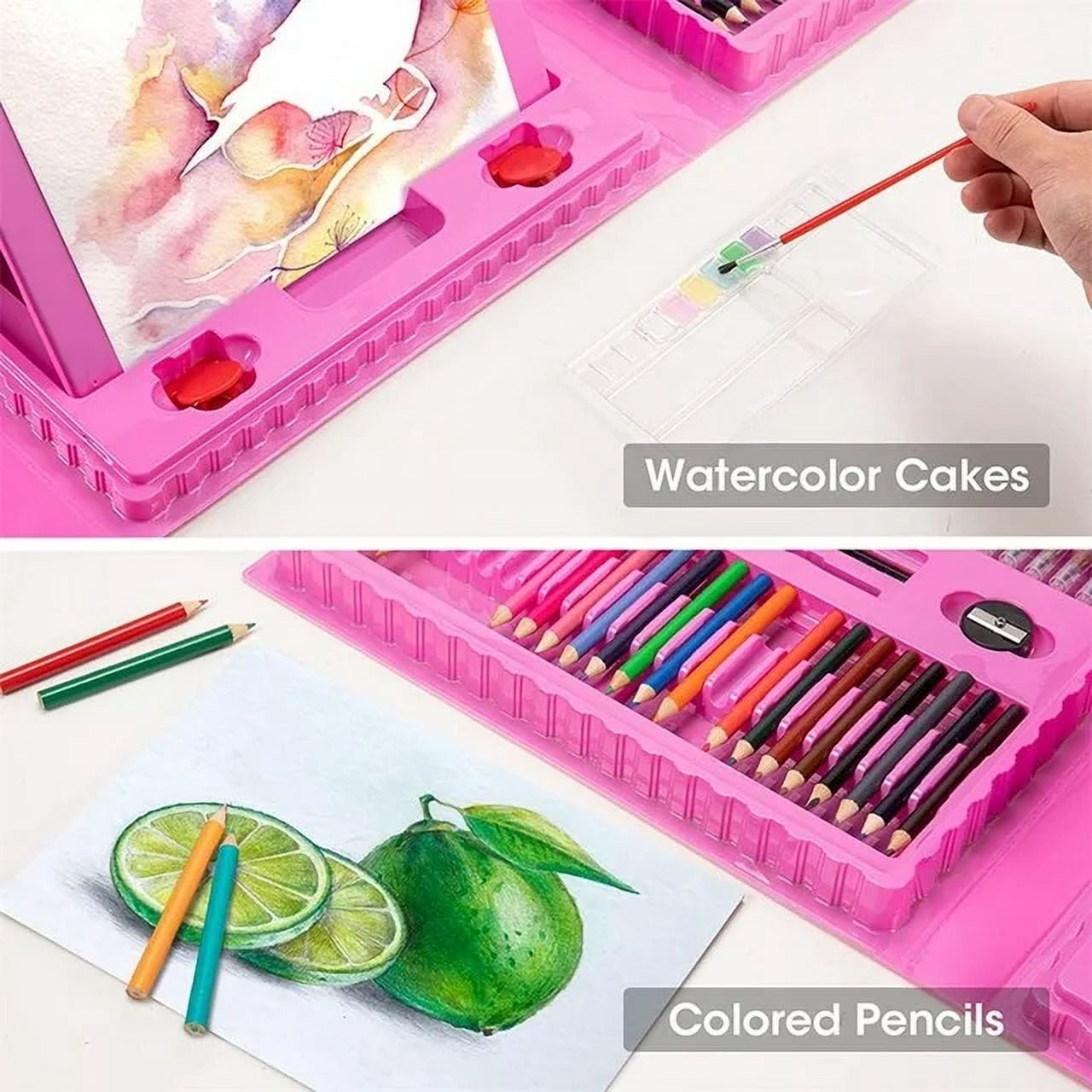Drawing Art Kit for Kids,Double Sided Trifold Easel Art Set, 208 PCS Art Supplies,Drawing Art Box with Oil Pastels, Crayons, Colored Pencils, Markers, Paint Brush, Watercolor Cakes,Pink