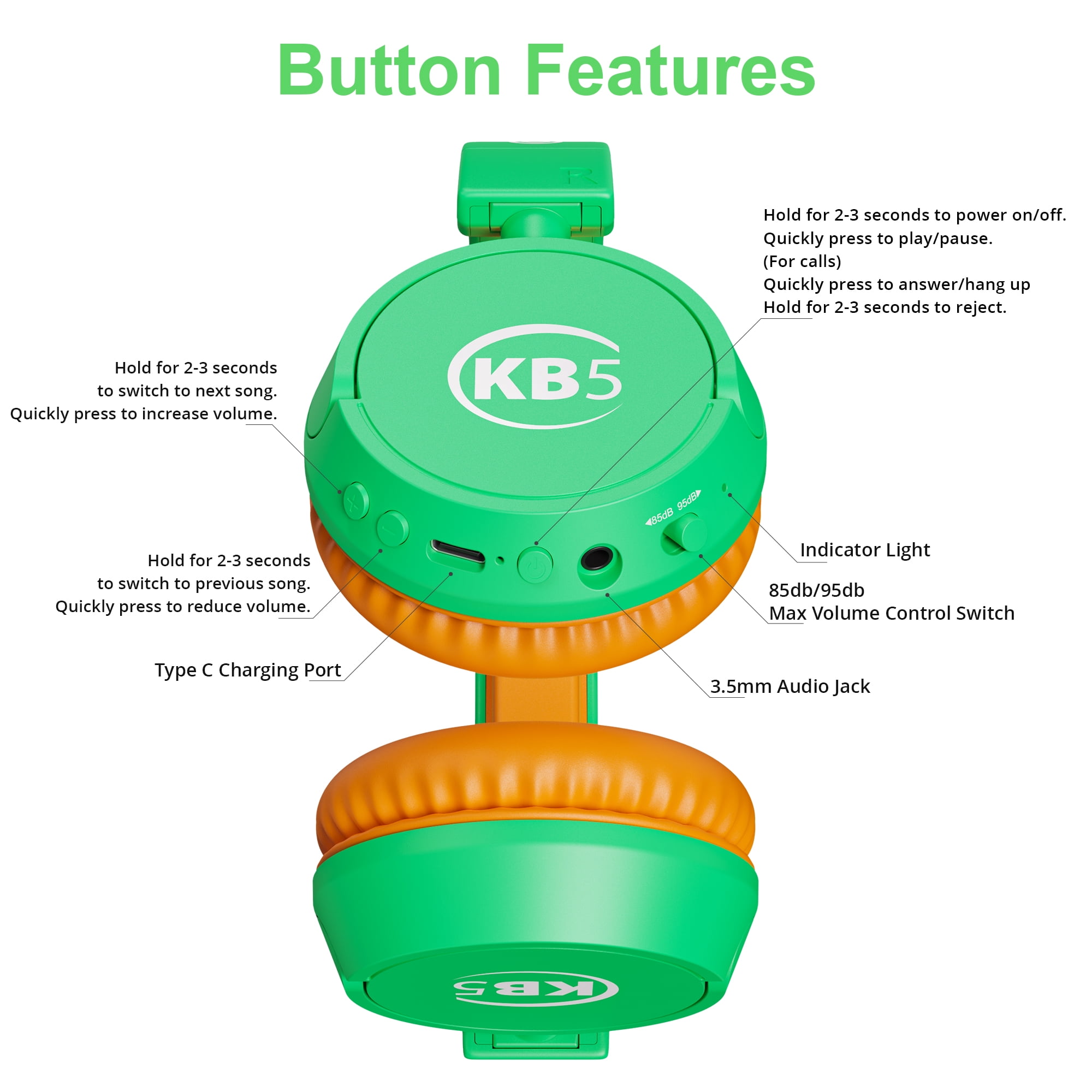 Contixo KB-5 Wireless Kids Headphones, Over-Ear Foldable Bluetooth Headset with 85dB Volume Limit, Green/Orange