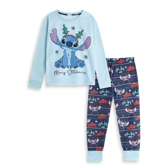 Lilo & Stitch Pyjama à Manches Longues et Jambes Longues Bleu de Noël pour Enfants Unisexe (5-6 Ans)