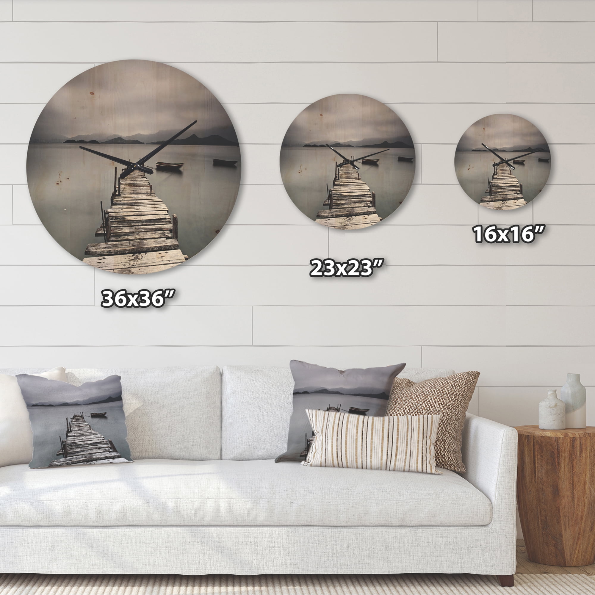 Designart 'Boats and Pier at Seashore' Modern Wood Wall Clock