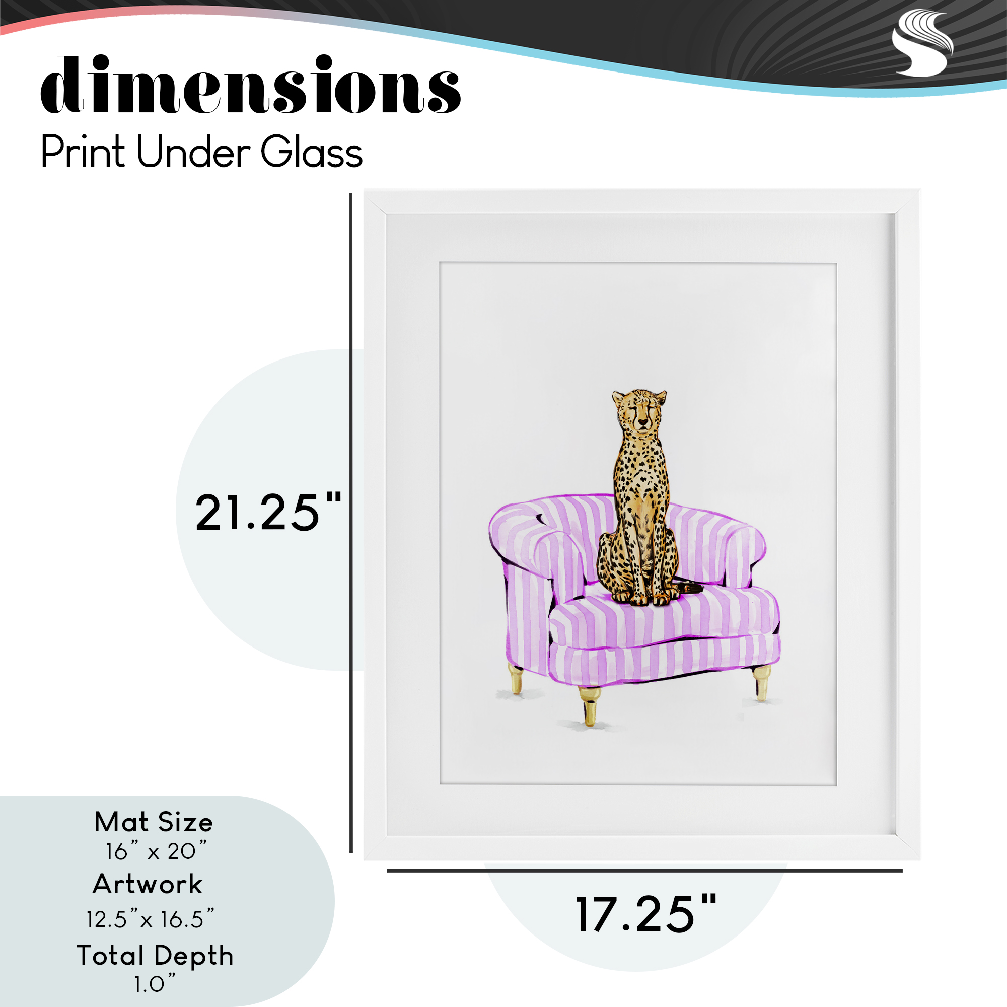 Cheetah on Pink Stripe Chair White Framed Print Under Glass, design by Ziwei Li