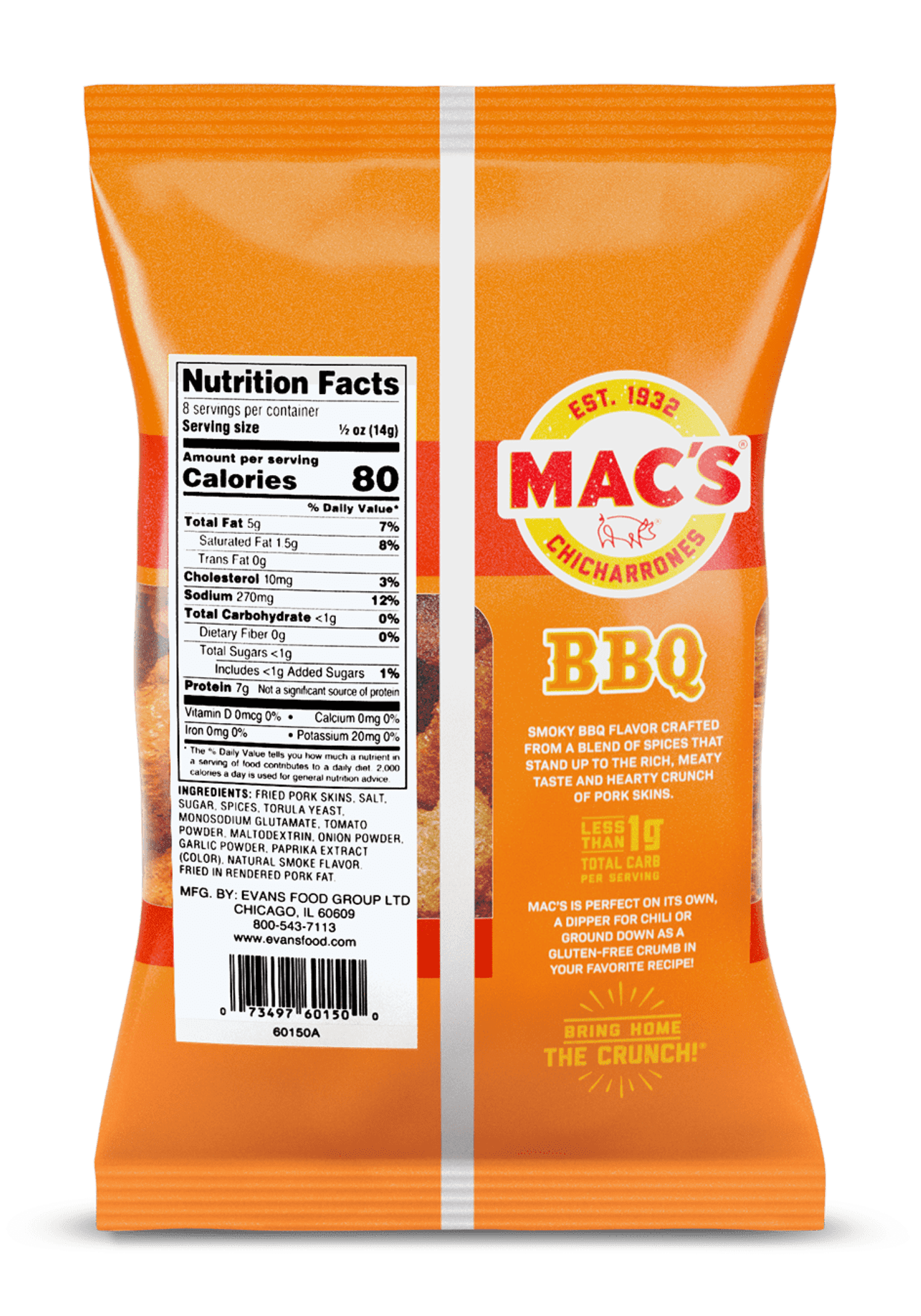 (4 pack) Mac's BBQ Chicharrones Pork Rinds, Pork Skins, 4 oz Bag