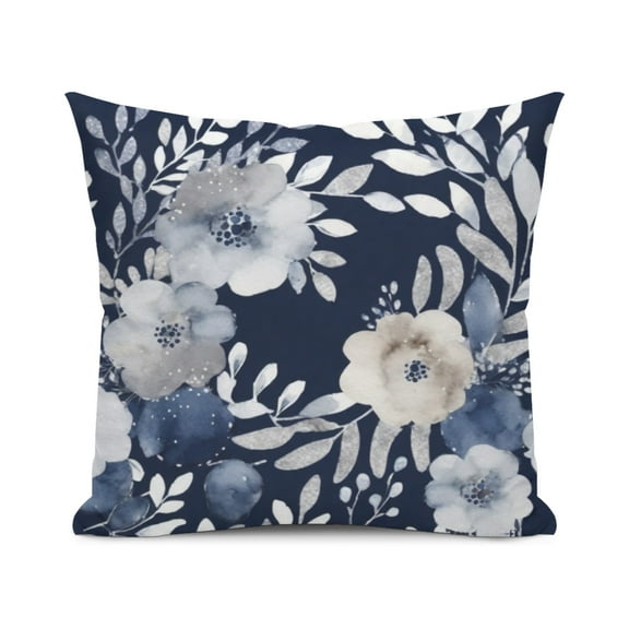 Flower Pattern Floral Print Navy Blue and Grey Watercolor Decorative Throw Pillow Cover, 18x18
