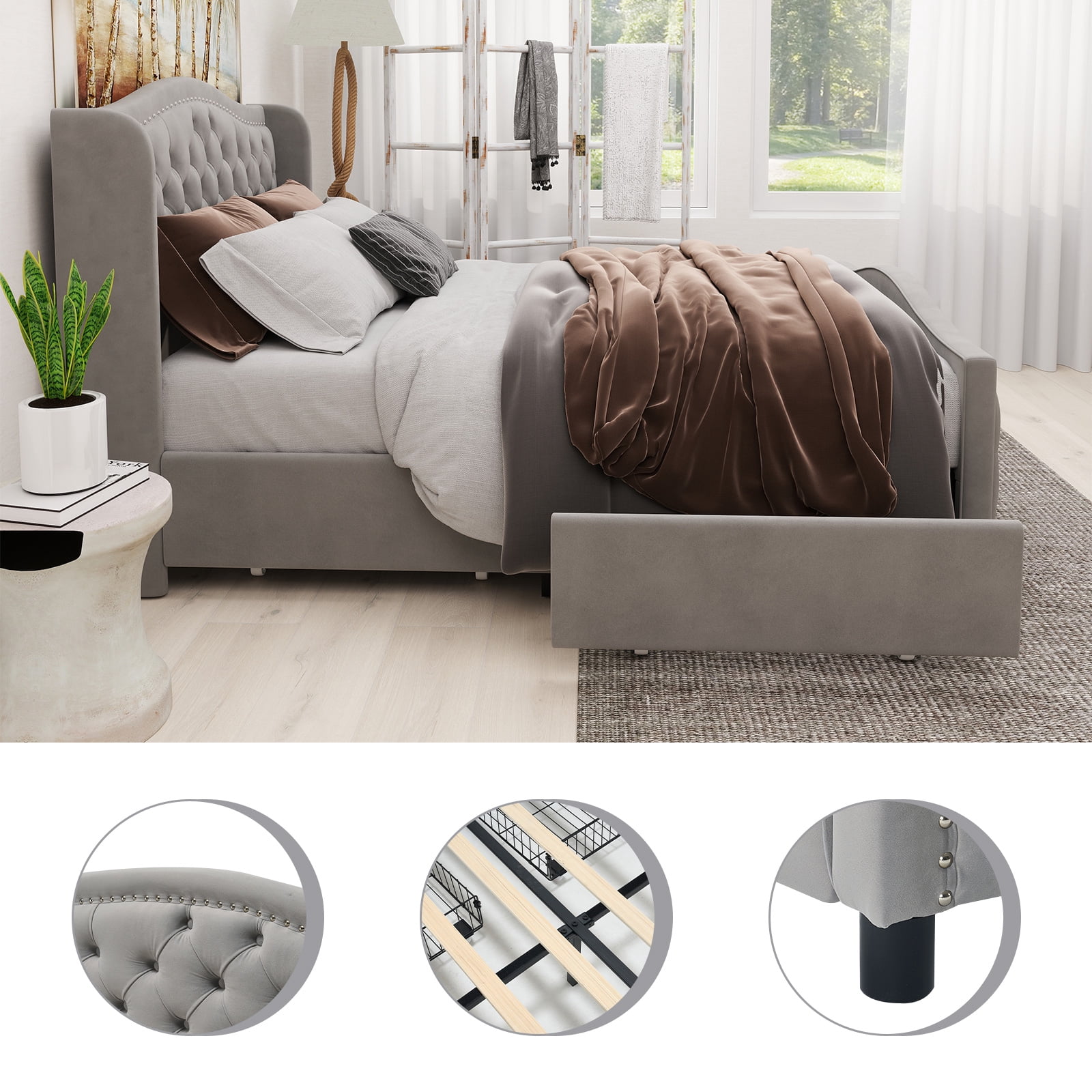 Bonzy Home Platform Bed Frame Full Size Velvet Upholstered Sleigh Bed with Scroll Wingback Headboard & Footboard/Button Tufted with Storage Easy Assembly Gray