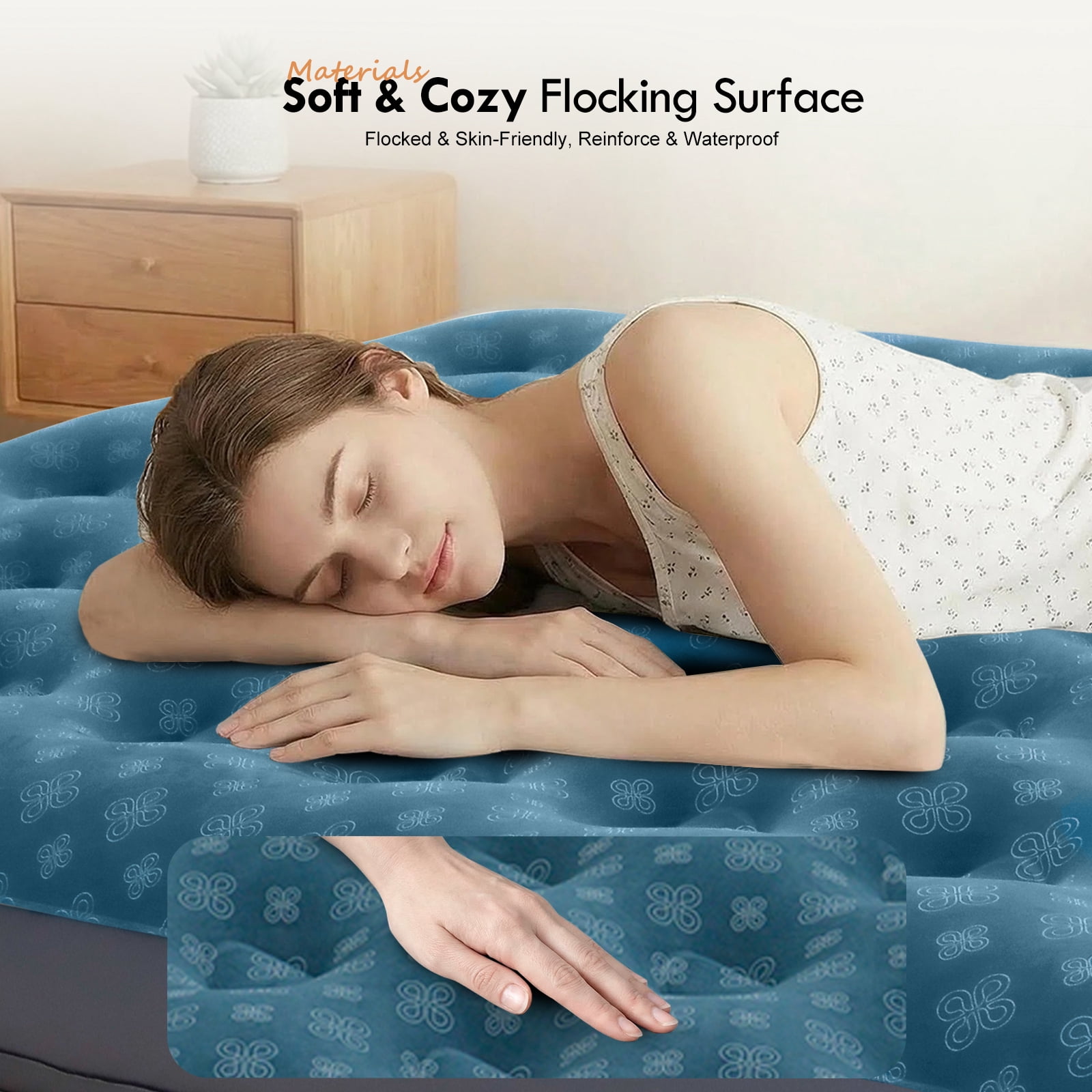 Honeydrill Queen Size Camping Air Mattress Patterned Airbed with Flocked Surface