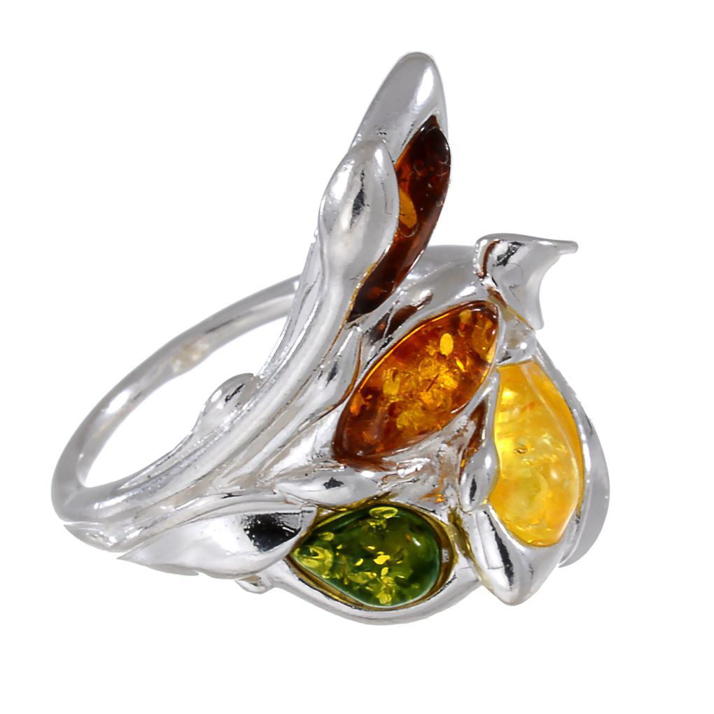 Three Stones Turquoise  Baltic Amber's Ring Silver 925. 