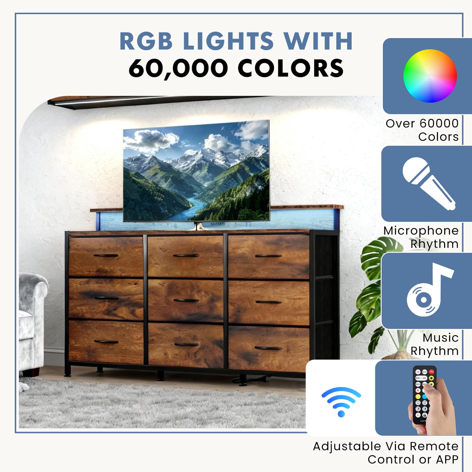 edx 9-Drawer Fabric Dresser TV Stand, Multifunctional Storage Cabinet with Power Outlets & LED Light, Rust