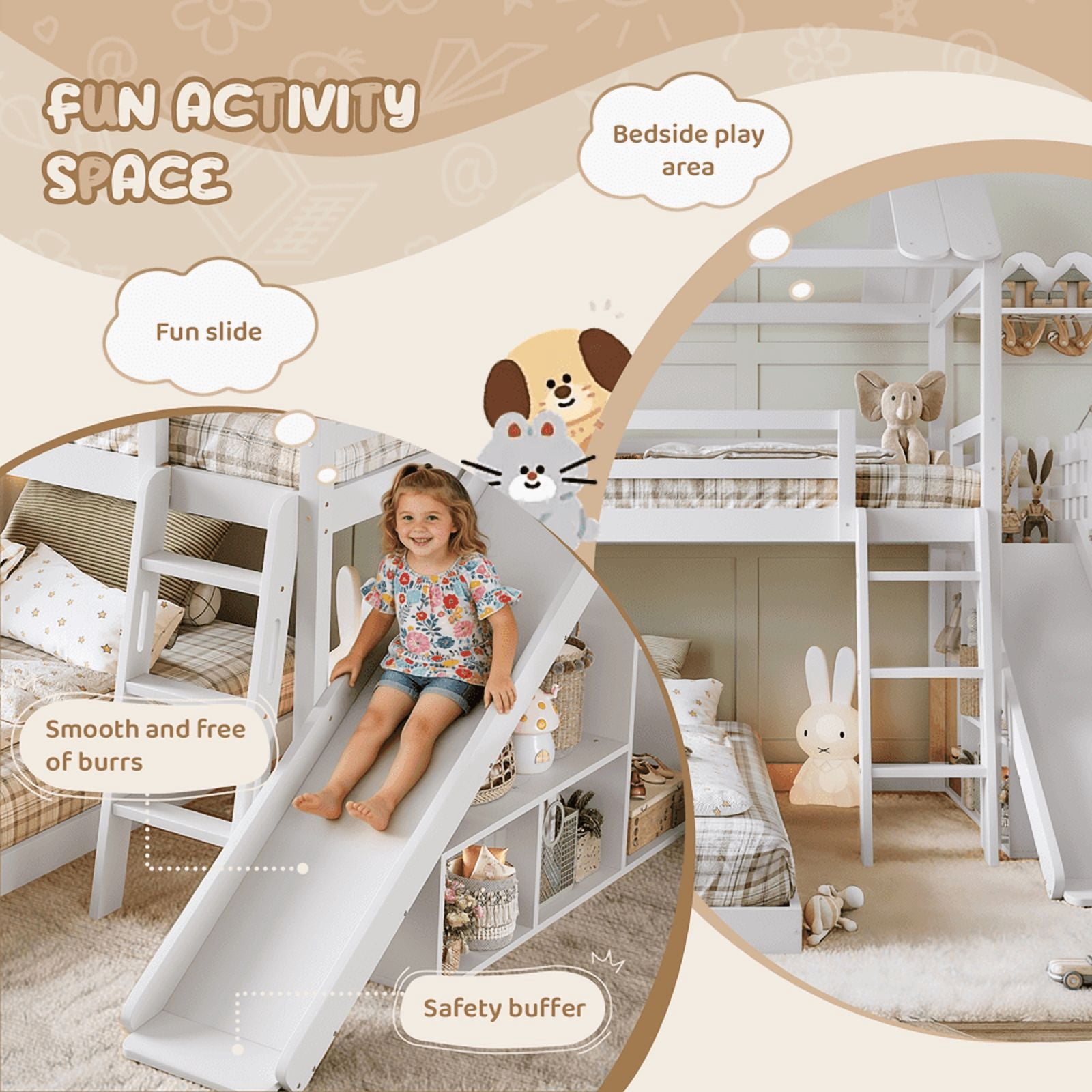 Twin Over Full House Bunk Bed with Slide and Ladder, Kids House Floor Bunk Bed with Storage Shelves and Wardrobe, Playhouse Design, Solid Wood Frame, No Box Spring Needed